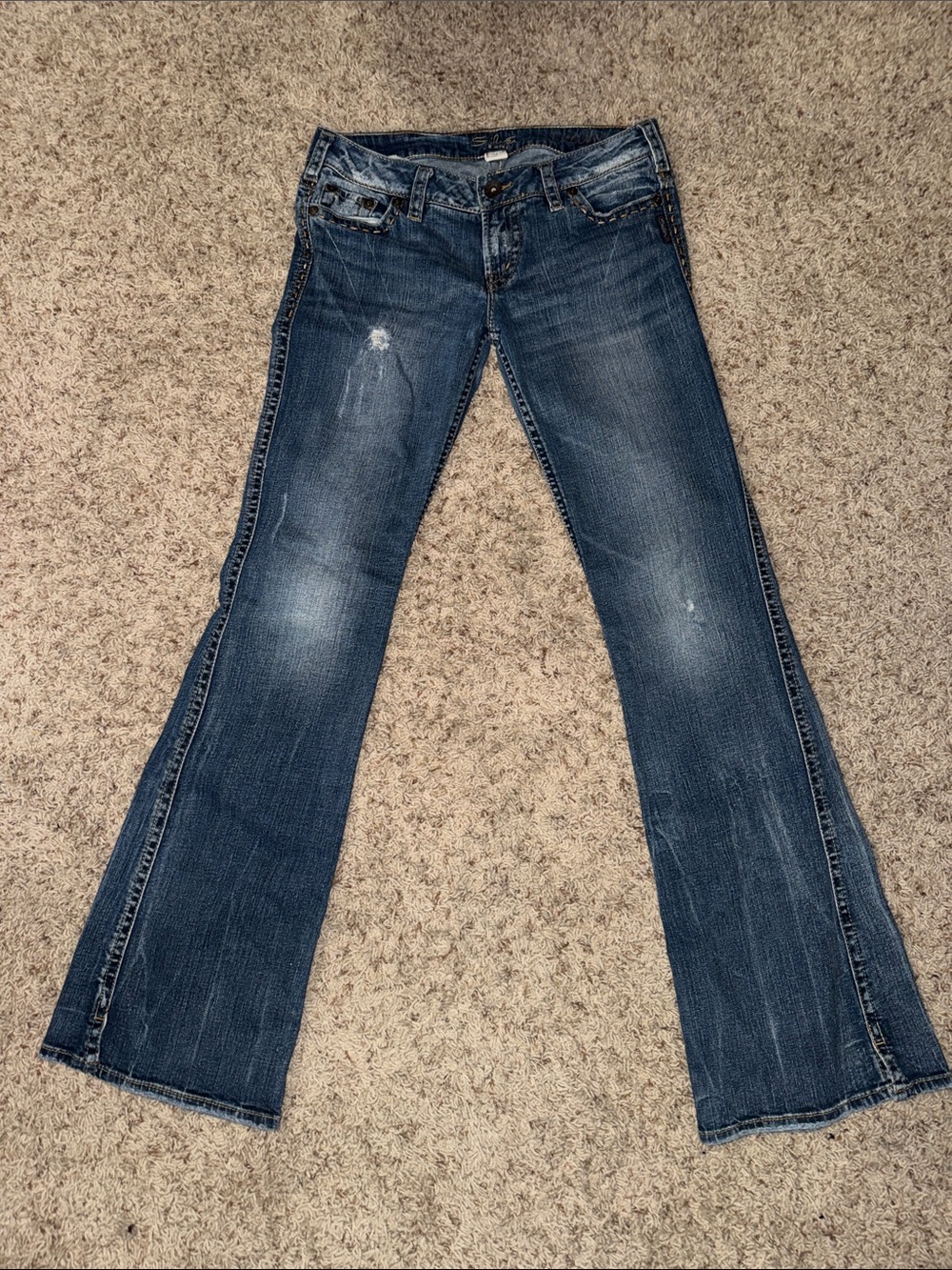 Silver Jeans Distressed Dark Blue Flare Jeans